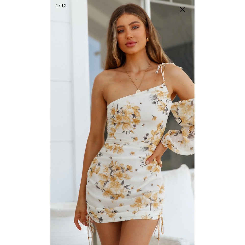 Hello Molly One Shoulder Floral Mini Dress White Yellow Swiss Dot XS US 2